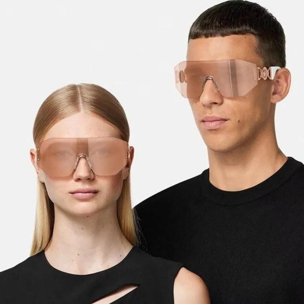 Versace VE2258 10027J Sunglasses Dark Brown Mirror Rose Gold Shield 45mm